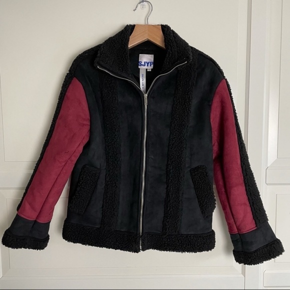 SJYP mustang jacket suede faux shearling bomber aviator coat red black - Picture 2 of 8